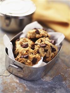 Chocolate chip cookies in metal box