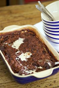 Chocolate rice pudding with rum and raisins