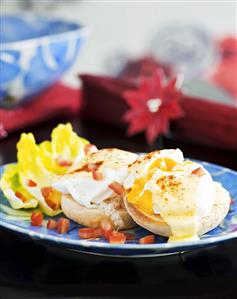 Shrimps on toast with lime hollandaise and poached eggs