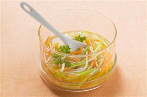 Clear broth with julienne vegetables
