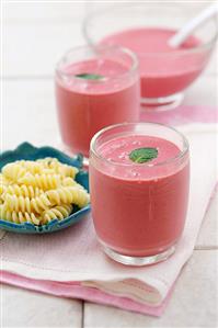 Cold strawberry soup with pasta