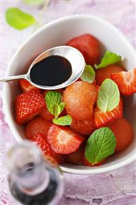 Strawberries and watermelon with mint and balsamic vinegar