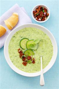 Cold cucumber and basil soup with tomato salsa