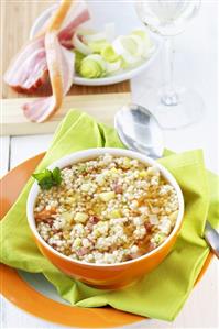 Barley soup with vegetables and bacon