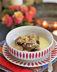 Plum crumble with custard