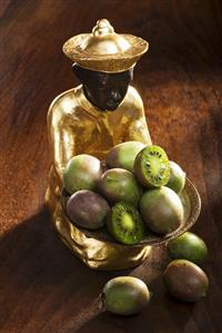Gilded statuette with a bowl of baby kiwis