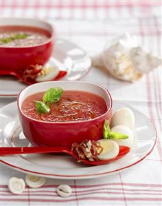 Tomato soup with boiled eggs