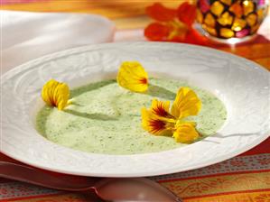 Herb soup with nasturtium flowers