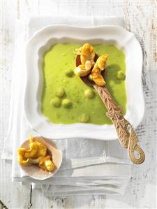 Green avocado and apple soup with tempura oyster mushrooms