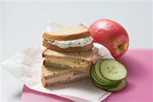 Sandwiches, apple and cucumber for a packed lunch