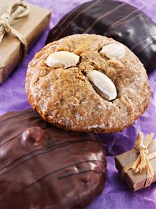 Lebkuchen (gingerbread) with almonds and chocolate-coated