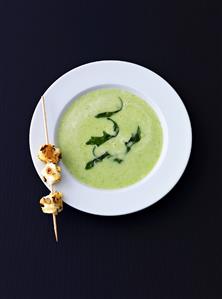 Cucumber soup with sheep's cheese skewer