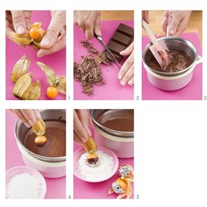 Making chocolate-dipped fruit with grated coconut