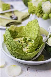 Romanesco soup served in savoy cabbage leaves
