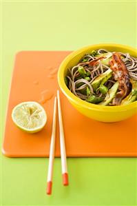 Rice noodles with avocado and bacon