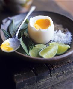 Boiled egg with lime, salt, pepper & Vietnamese coriander