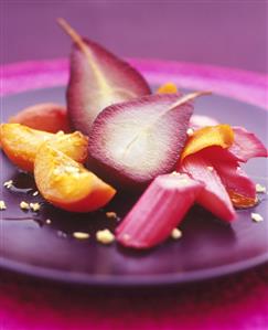 Poached fruit (pears, rhubarb, peaches) in syrup