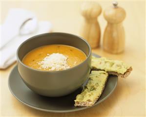 Carrot & coriander soup (bought product), guacamole on wholemeal toast