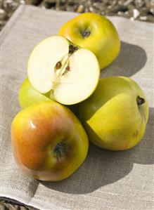 Bramley apples, whole and halved, on linen cloth