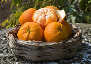 Clementines in a basket on a garden table