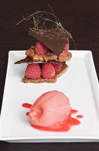 Chocolate truffle with fresh raspberries & raspberry ice cream