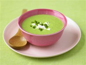 Pea and asparagus soup with feta and chives