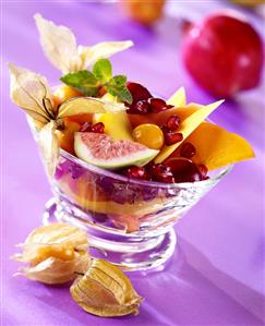 Exotic fruit salad with pomegranate and physalis