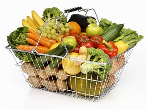 Shopping basket full of fruit and vegetables