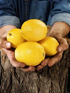 Man holding four lemons in both hands