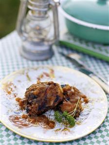 Chicken pieces with apricots on rice