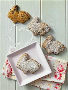 Chocolate rabbit biscuits dusted with icing sugar