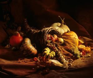 A Wicker Cornucopia filled with Fall Vegetables and Fruit