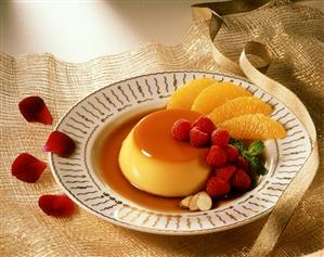 Orange Caramel Flan with Raspberries