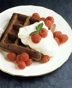 Chocolate Belgian Waffle with Whipped Cream; Raspberries