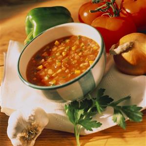 Bowl of Gazpacho with Ingredients