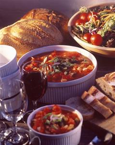 Gazpacho in Bowls with Wine and Bread