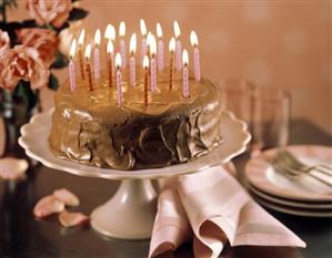 Chocolate Birthday Cake with Lit Candles