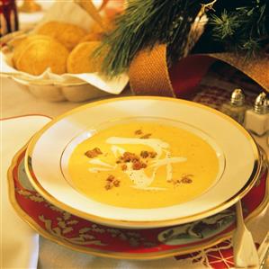 A Serving of Squash Soup on a Christmas Table