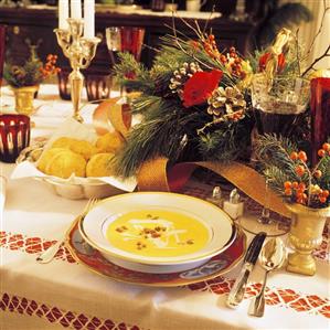 Decorated Christmas Table with Squash Soup