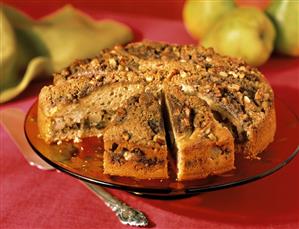 Pear Coffee Cake Sliced on a Cake Plate