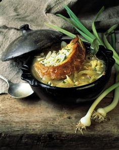 A Bowl of Onion Soup with Bread