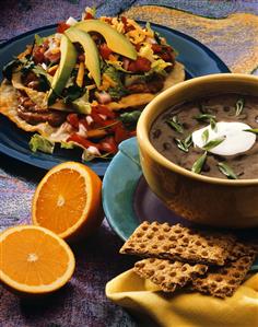 Two Mexican Dishes: Black Bean Soup and a Tostada