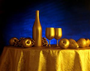 Stylized Table Setting with Fruit and Wine