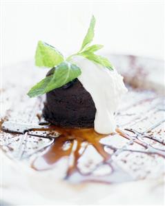 Molten Chocolate Cake with Whipped Cream & Caramel Sauce