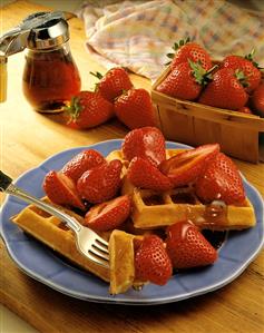 Belgian Waffles with Strawberries and Syrup