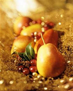 Pears and Cranberries on a Gold Background