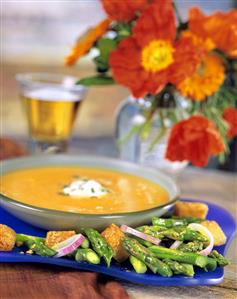 Cold Peach and Cantaloupe Soup Accompanied by an Asparagus Salad