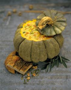 Vegetable Soup in a Pumpkin with Top