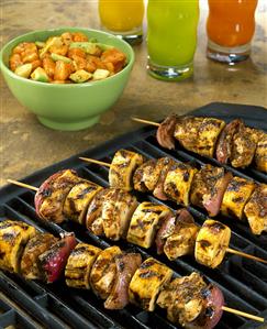 Chicken and banana kebabs on the barbecue