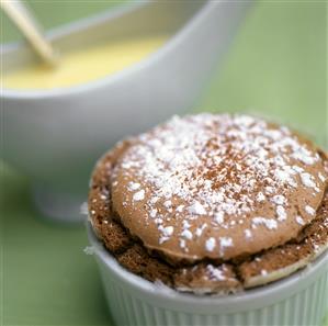 Chocolate soufflé with icing sugar